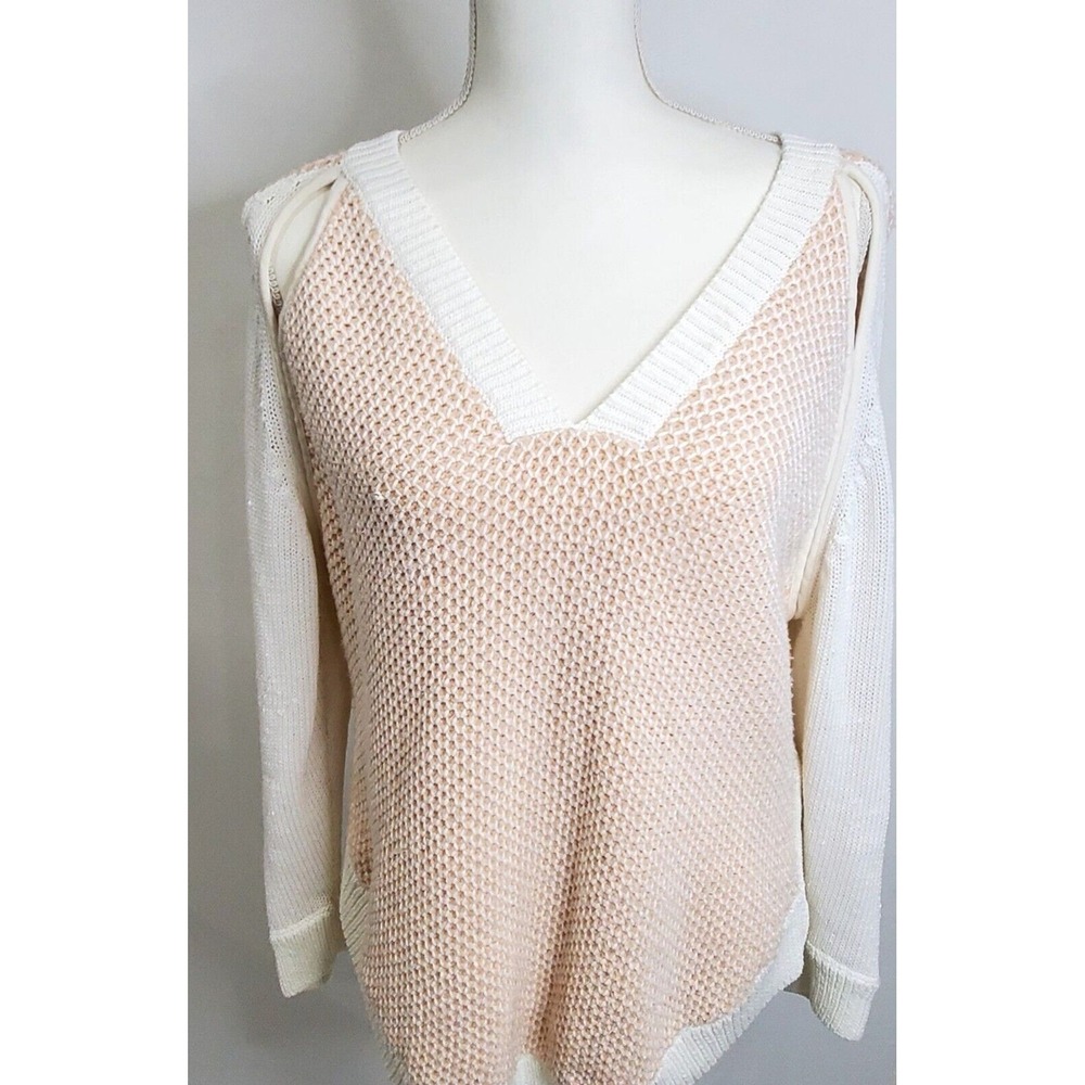 3.1 Phillip Lim Mixed Media Mesh V-Neck Cold Shoulder Sweater Cream Peach Medium